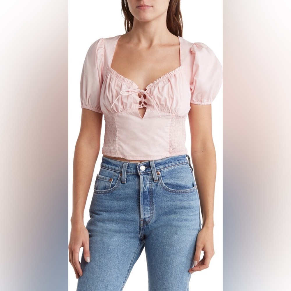 ASTR the Label Puff Sleeve Smocked Poplin Blouse, Size Small NWT (Blush Pink)